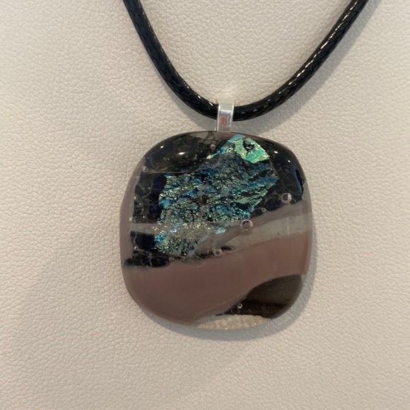 Hand crafted 2 tone purple and dichroic smooth fused glass pendant on black cord - Picture 1 of 10